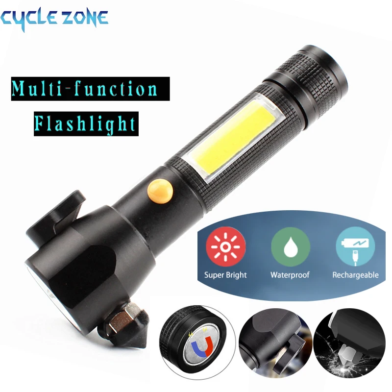 

4 in 1 Tactical LED Flashlight USB Recharging 18650 Battery Fishing Camping Lantern Magnetic Safety Hammer Self Defense Torch