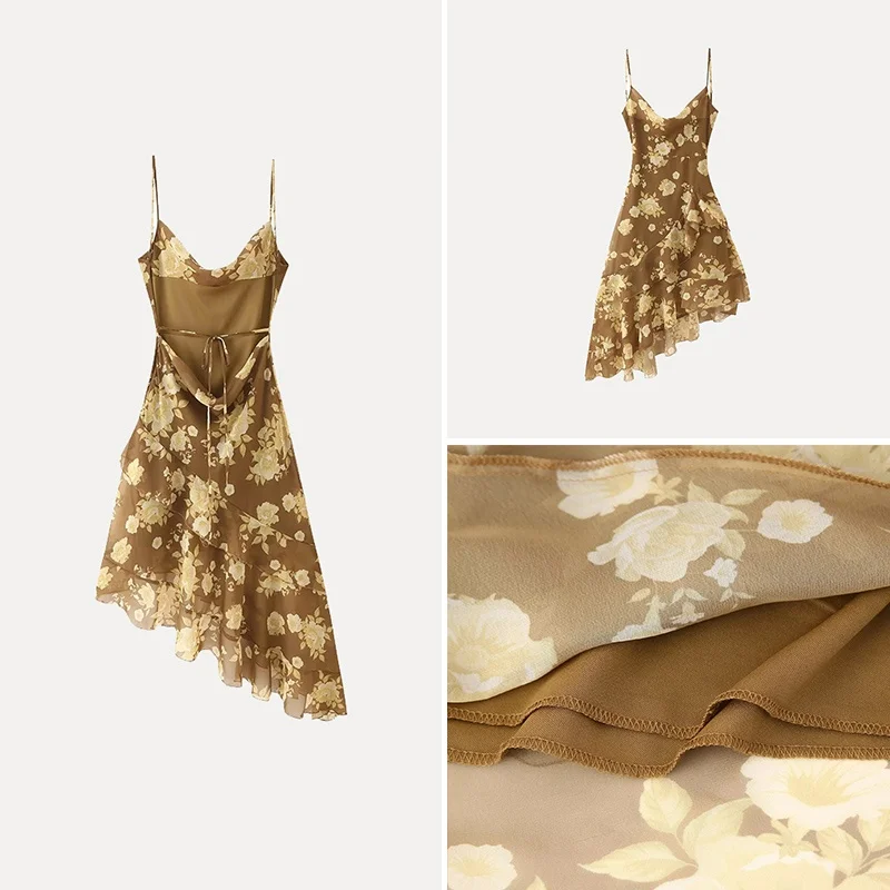 Z 2025 Spring Faion طبقة مزدوجة كشكش هيم شيفون سوينغ Ne Strapl Dr Ele Sle المرأة قسط Dr