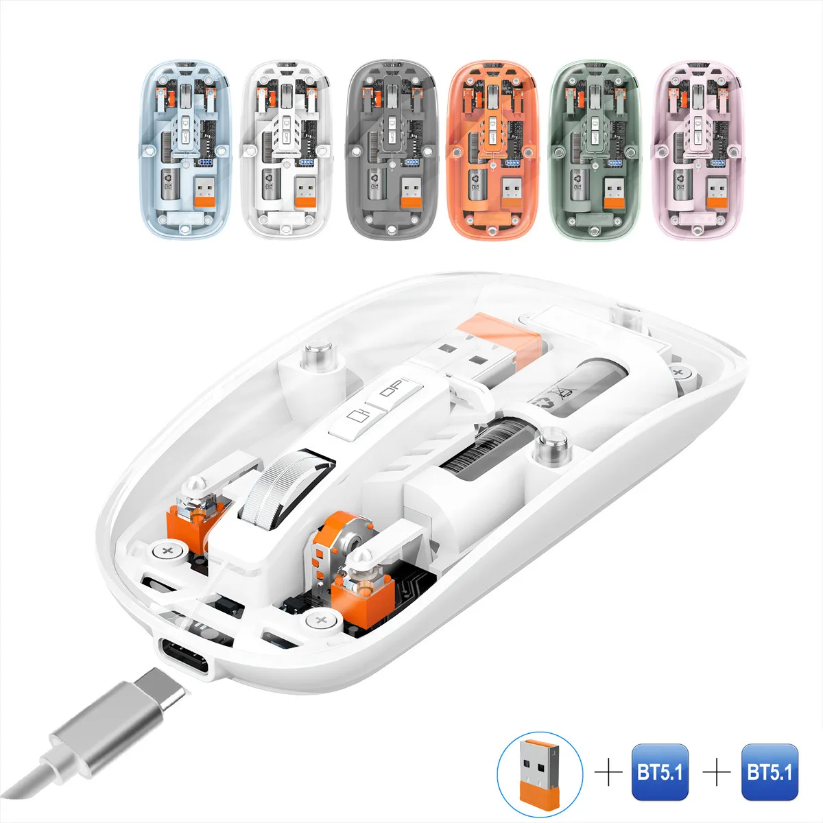UTHAI New wireless Bluetooth 3-mode mouse rechargeable mute button transparent shell 1600DPI adjustable office and home PC