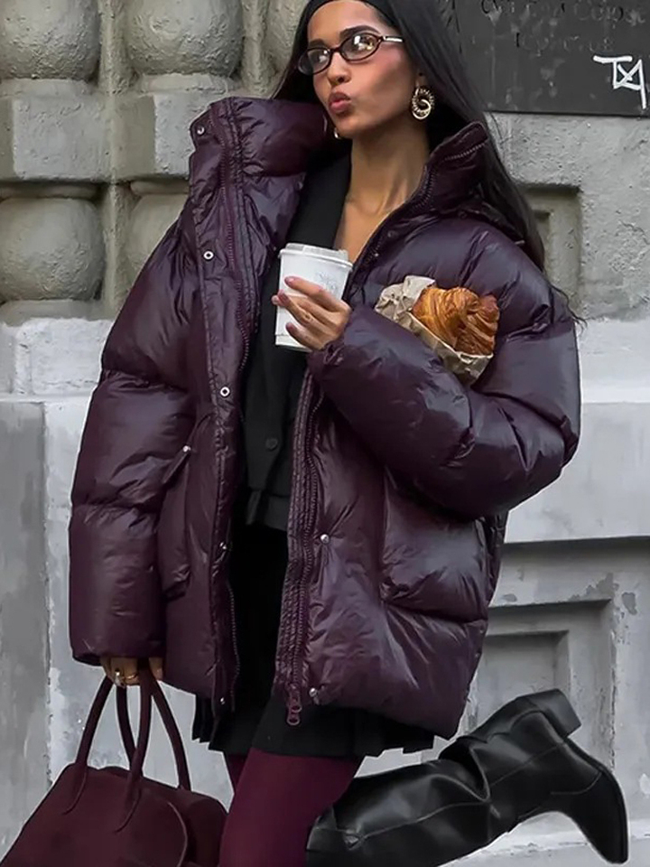  FSMG Burgundy Zippers Waist Up Hooded Padded Jackets Fashion Covered Button Drawstring Slim Warm Coat Winter Ladies Streetwears 