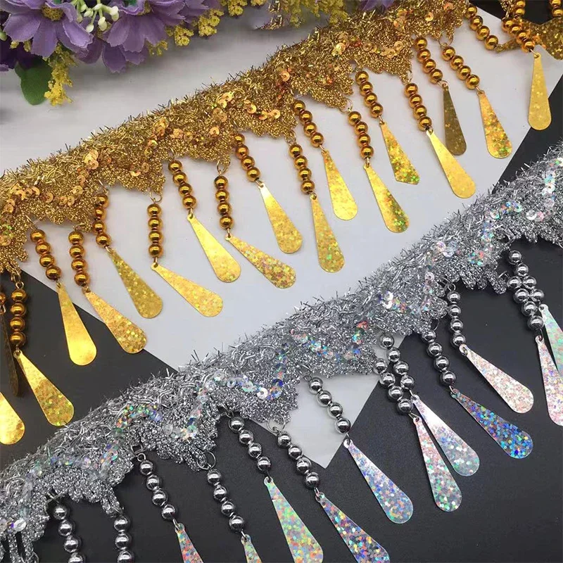 

1M Fringe Tassel Lace Gold Silver Laser Sequins Ribbon Wedding Party Dancing Dress Decoration Pendant Sewing Fabric Accessories
