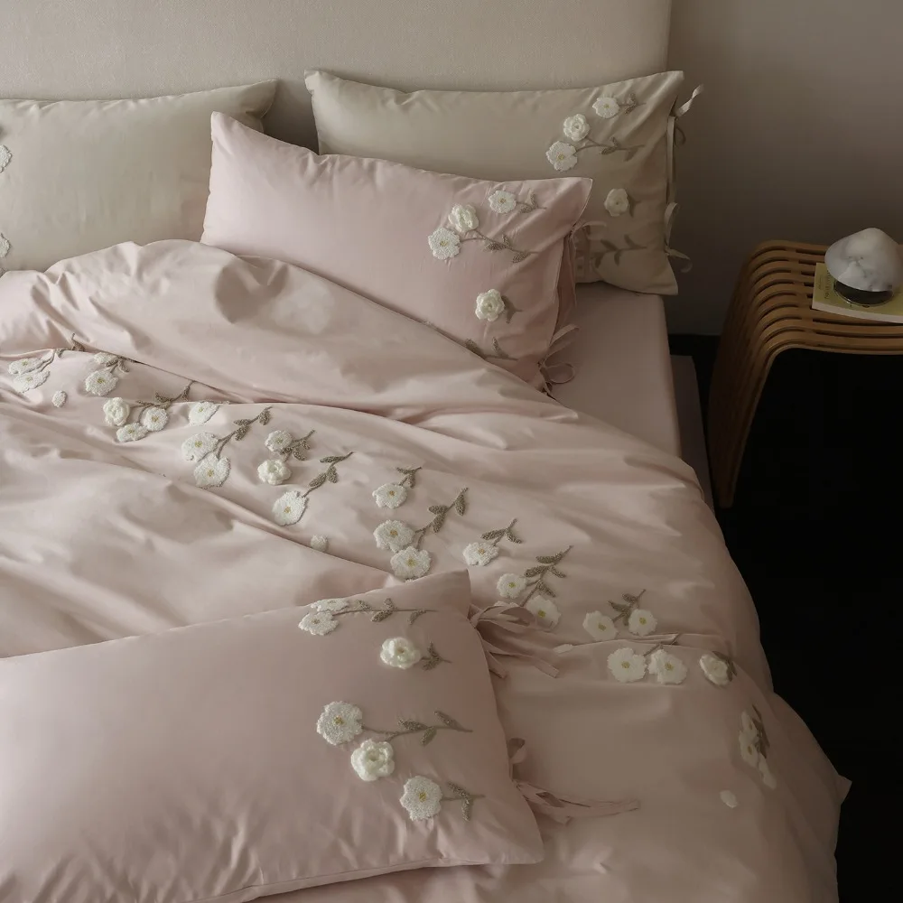 Long Staple Cotton Floral Towel Embroidery Flower Pink Bedding Set Duvet Cover Flat Bed Sheet Pillowcases 4Pcs