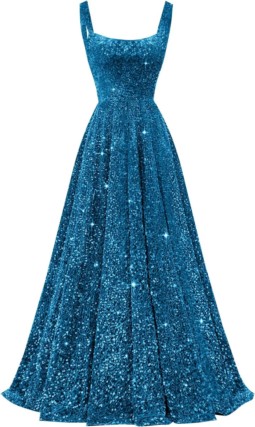 

Square-neck Maxi Sequin Prom Dress for Women Spaghetti Straps Formal Dresses 2026 A Line Evening Gown with Pocket Evening Dress