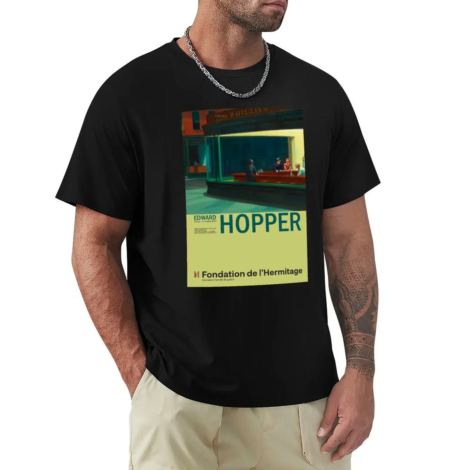 Edward Hopper - Nighthawks - Minimalist Exhibition Art Poster T-Shirt designer shirts quick-drying t shirt for men