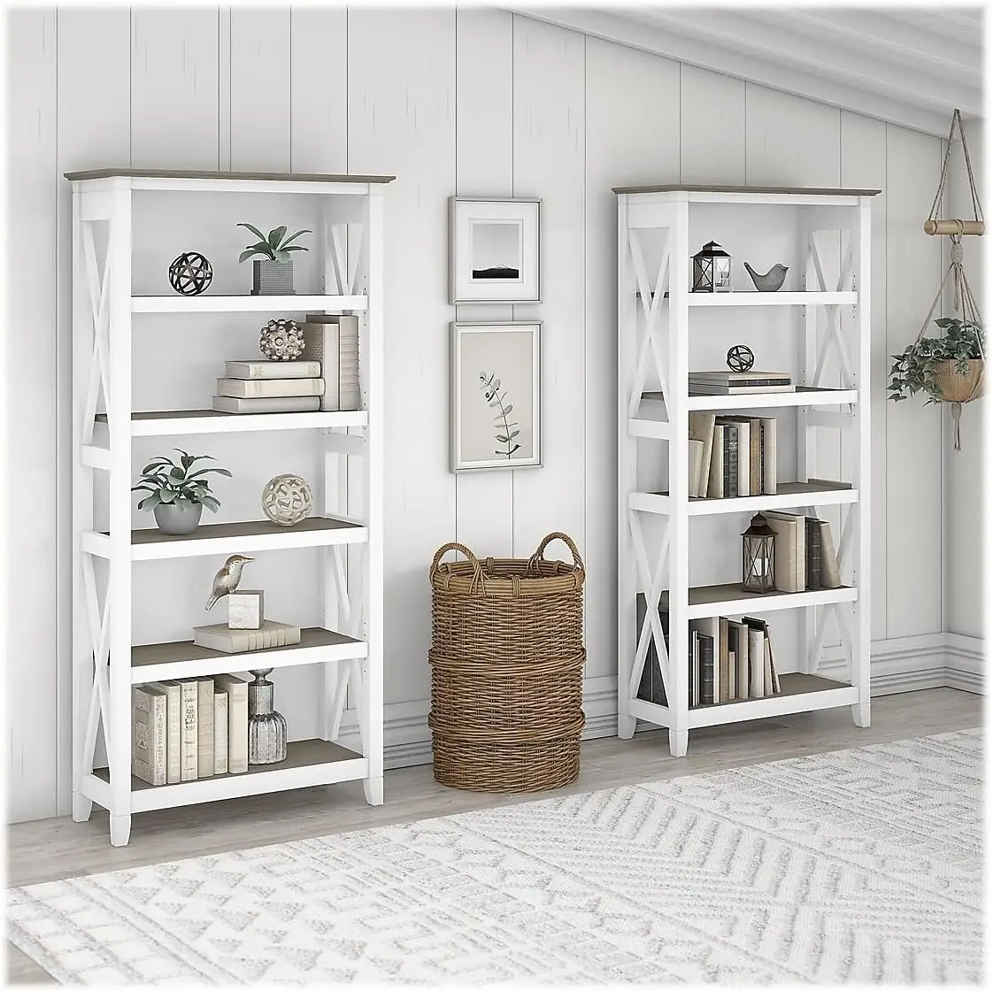 5 66-inch H bookcase setsEngineered Woodive-shelf bookcase set made of laminate over engineered wood in shiplap