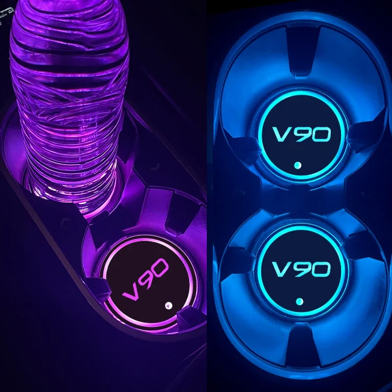 Luminous Car Water Cup Coaster Holder 7 Colorful USB Charging Car Led Atmosphere Light For Volvo V90 logo Auto Accessories