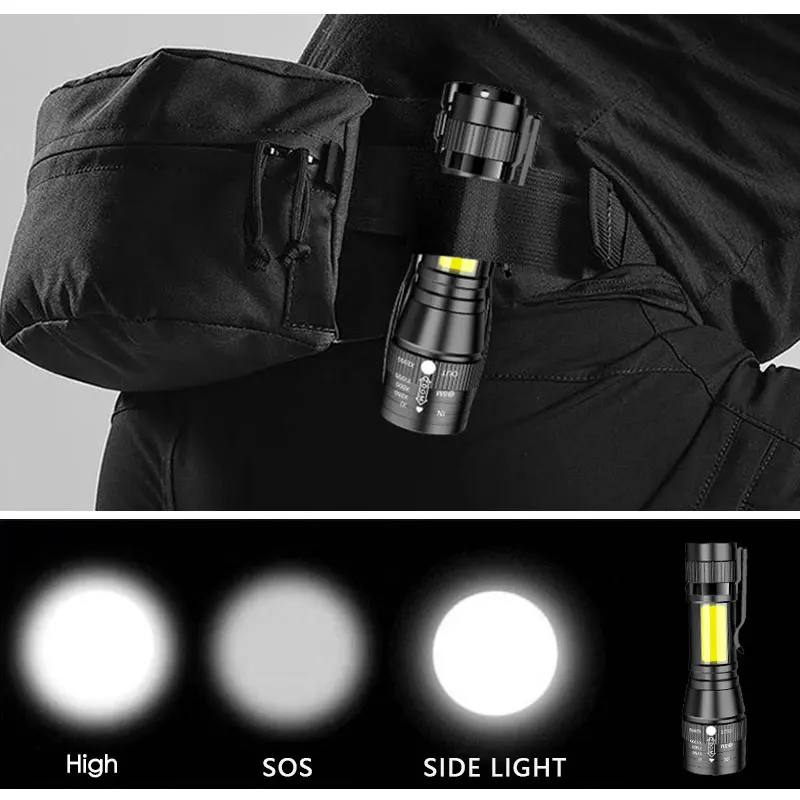 Portable USB Rechargeable LED Flashlight COB+Q5 Built-in batteryTactical Torch Flashlights 3Modes Work Light Emergency Lanterna