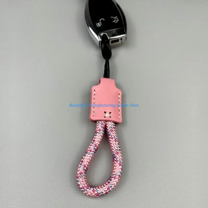 

E56A Soft Leather Keychain Nylon Rope Pendant Keyrings Charm for Secure Key Holding