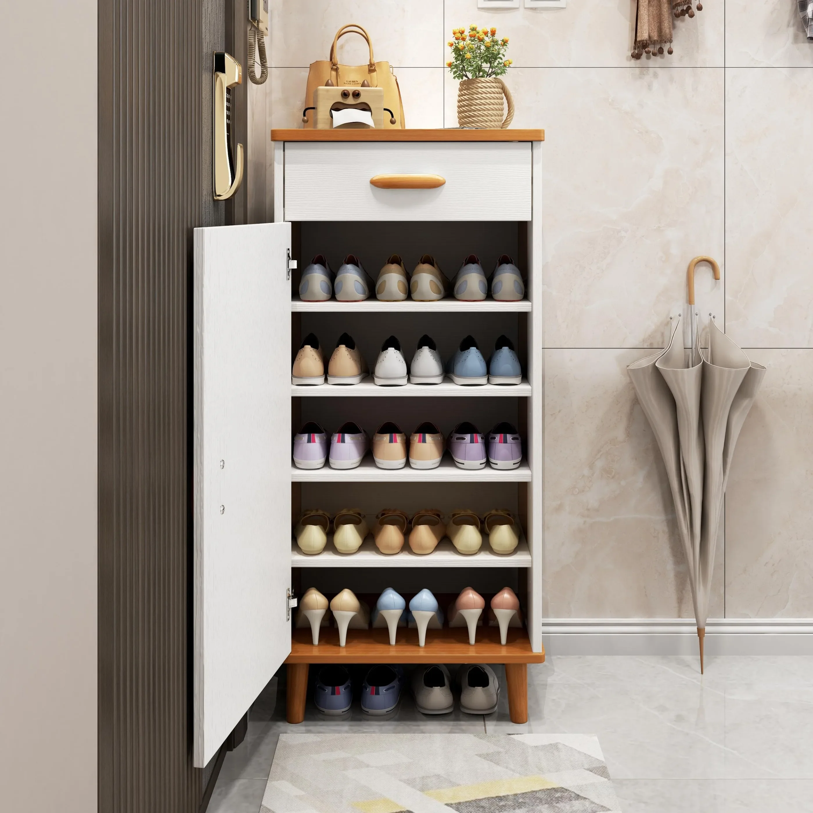 Nordic shoe cabinet household door storage porch side cabinet solid wood leg locker new 2025 explosion