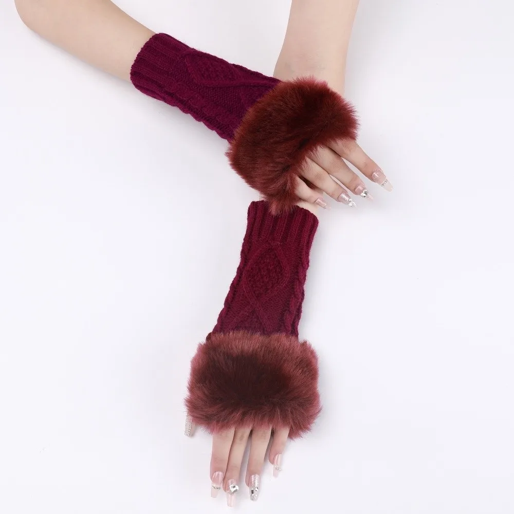 Vintage Cable Knit Fingerless Arm Warmers Rhombus Pattern Faux Fur Cuff Half Finger Gloves Warm Soft Sleeve Cover Daily Wear