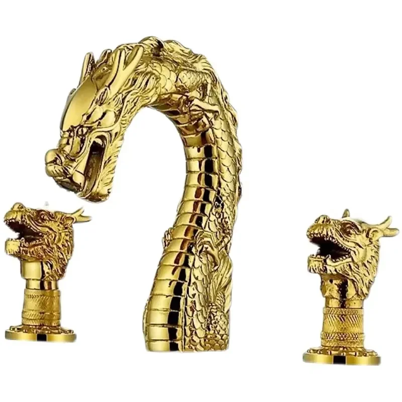 3 Piece Dragon Shape Retro Split Gold Three Holes 2 Handle Brass Bathroom Hot Cold Mixer Taps Basin Sink Faucet