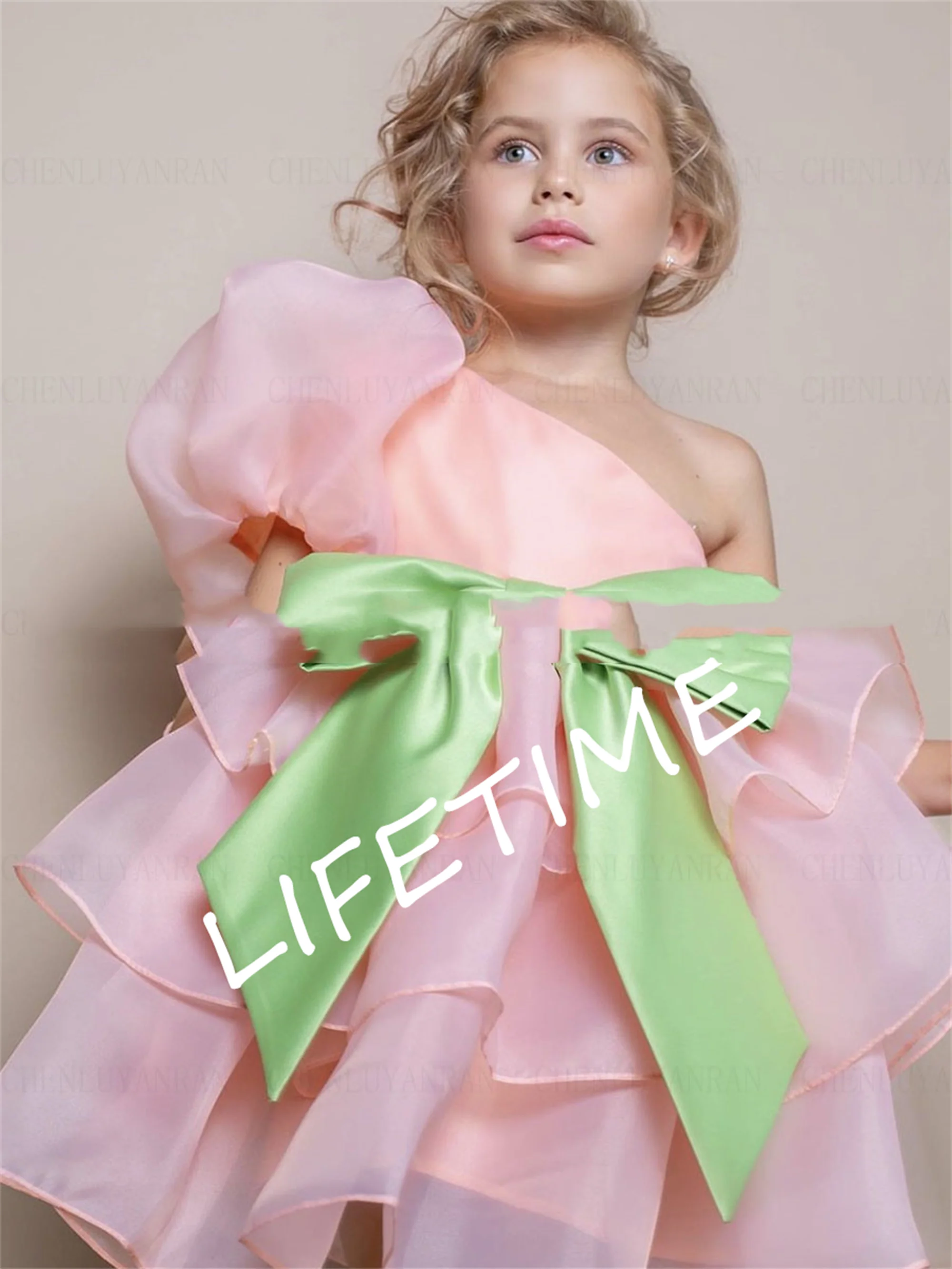 Pink Organza Flower Girl Dress Knee-Length Cute Girls Princess Wedding Party Dress Bow A-Line Puffy First Communion Gown Dress