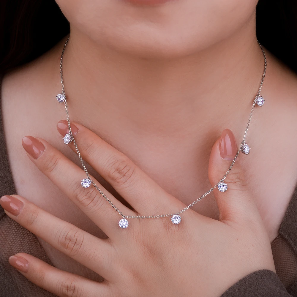 8‑Stone‑Setting Round‑Cut Real‑Moissanite Floating‑Tiny‑Stone‑Design Pendant‑Neck‑Chain for Women, 925 Sterling‑Silver 18K‑Gold‑Plated Fine Jewelry, Ideal Gift for Her