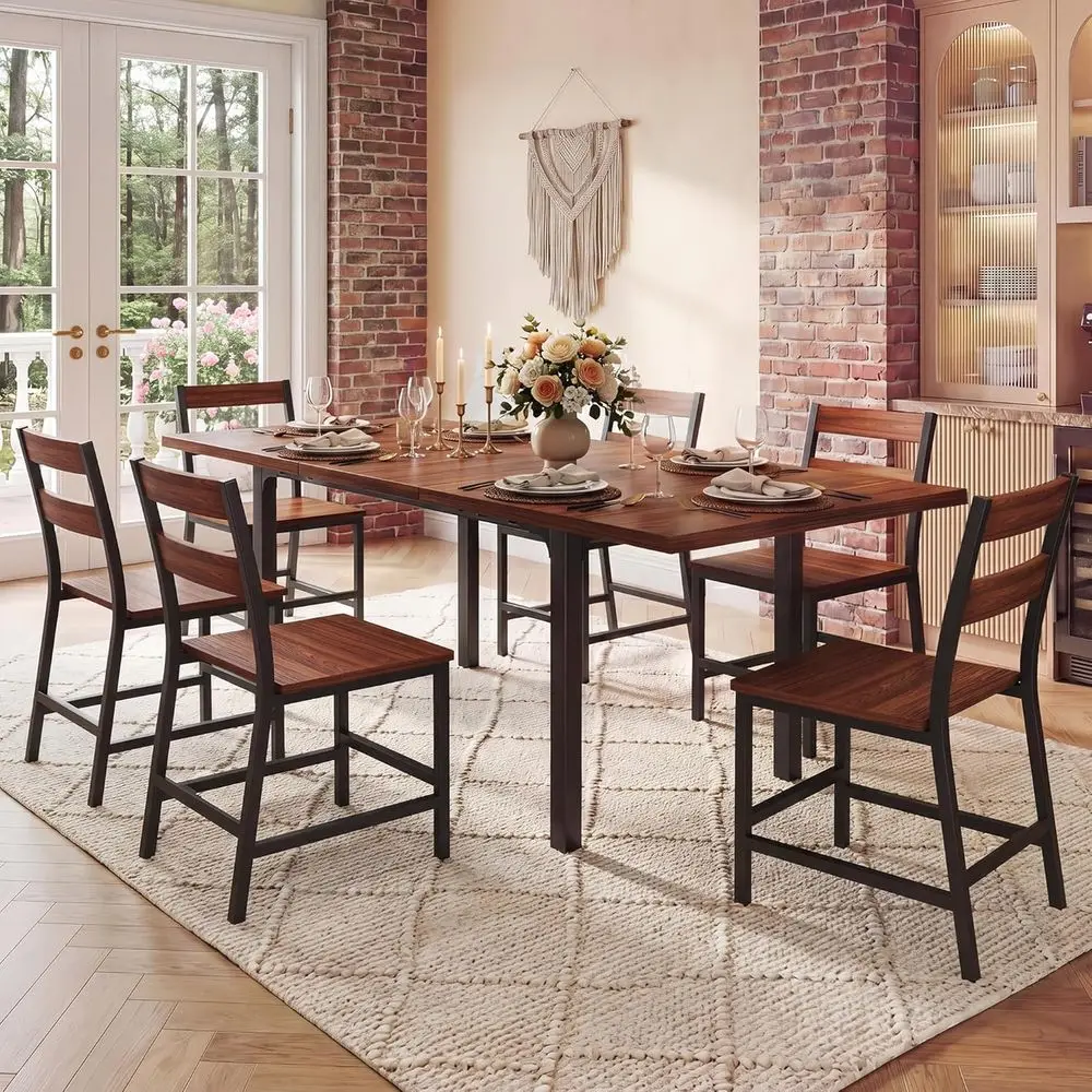 

Walnut 7-Piece Dining Set with Curved Backrest Chairs and Metal Frame