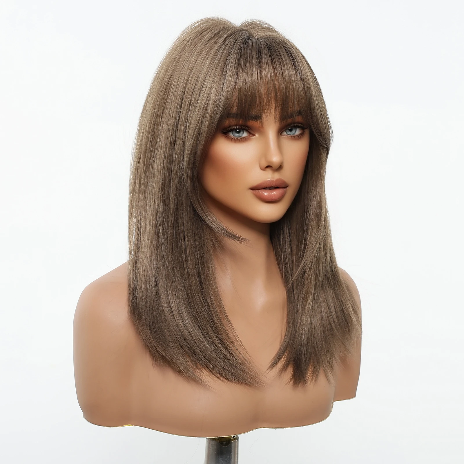 Henry margu peruca de cabelo sintético marrom de comprimento médio, marrom claro, perucas diárias retas com franja para mulheres, uso de festa, resistente ao calor