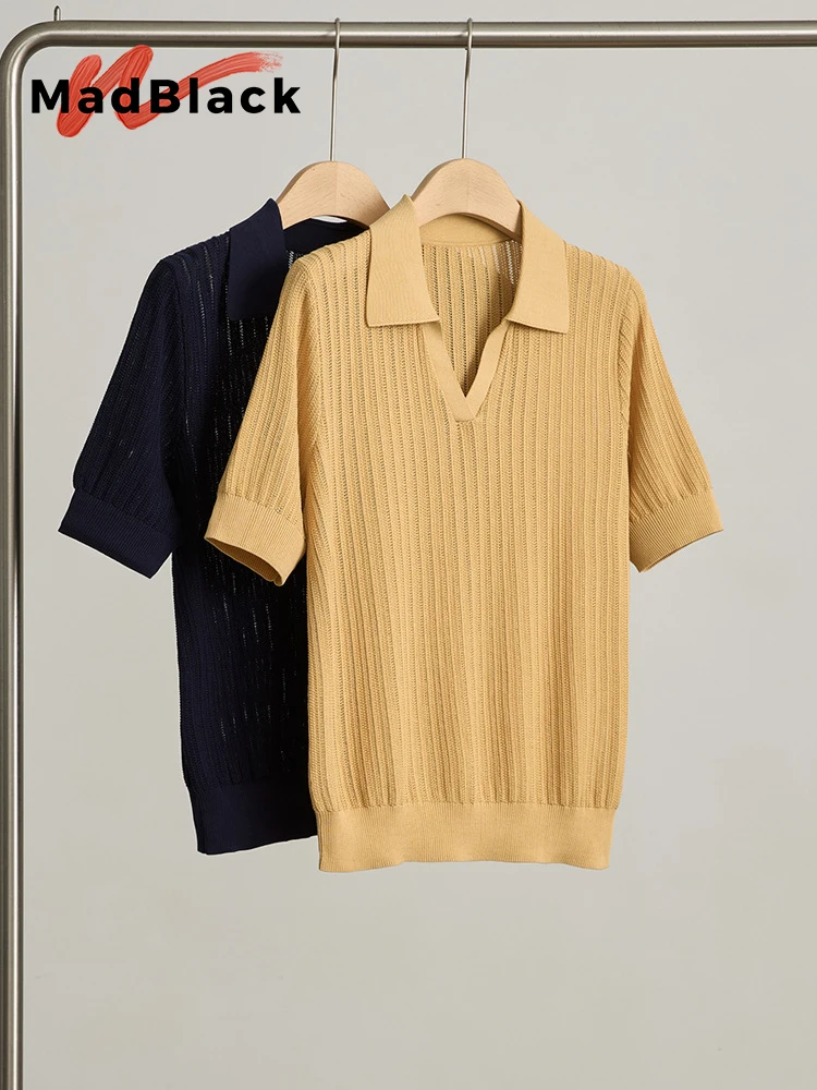 MadBlack-30%Silk 70%Cotton Elegant T-Shirt, Short Sleeve Polo Neck, Women Versatile Casual Knit Thin Tops, 2026 Summer T65044CC