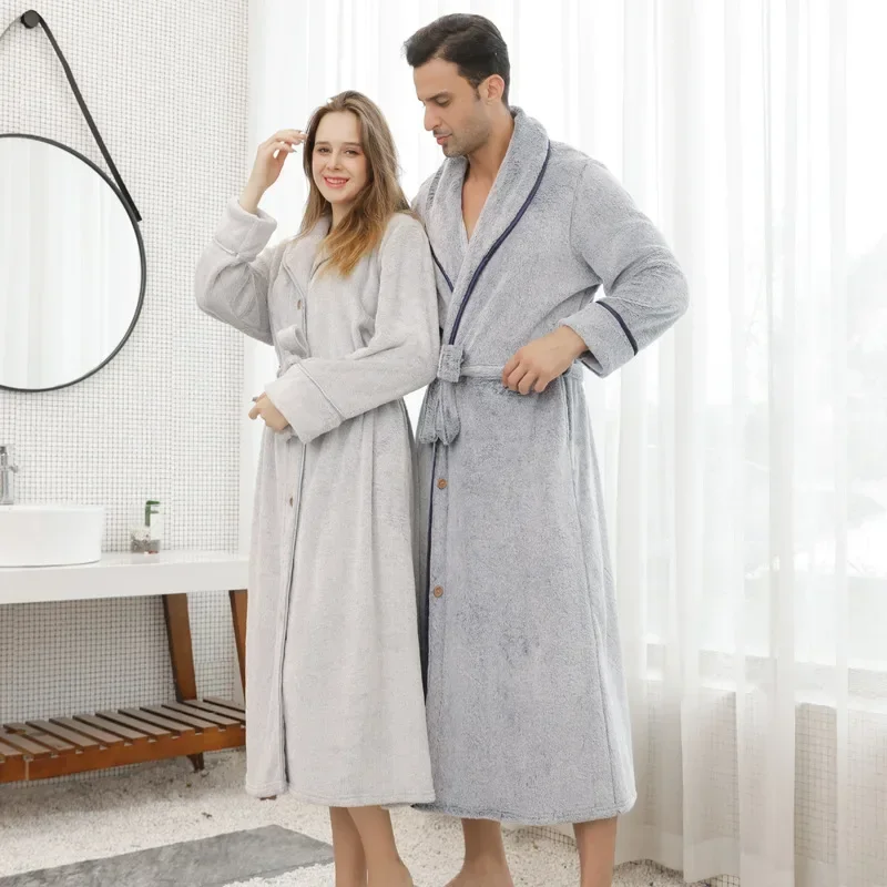 Couple Robes Home Dressing Gown Button Down Kimono Male Warm Flannel Bathrobe Loungewear Casual Soft Nightgown Loose Sleepwear