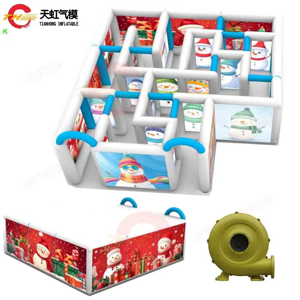 Free Ship Snowy Christmas Inflatable Maze Tag Blow Up Snowman Puzzle Maze House with Printing for Xmas Party Rental