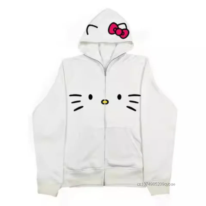 Sanrio Hello Kitty Cat Anime Female Clothes Skull Halloween Cartoon New Zipper Hoodie Japanese Style Y2k Girl Printing Pullovers