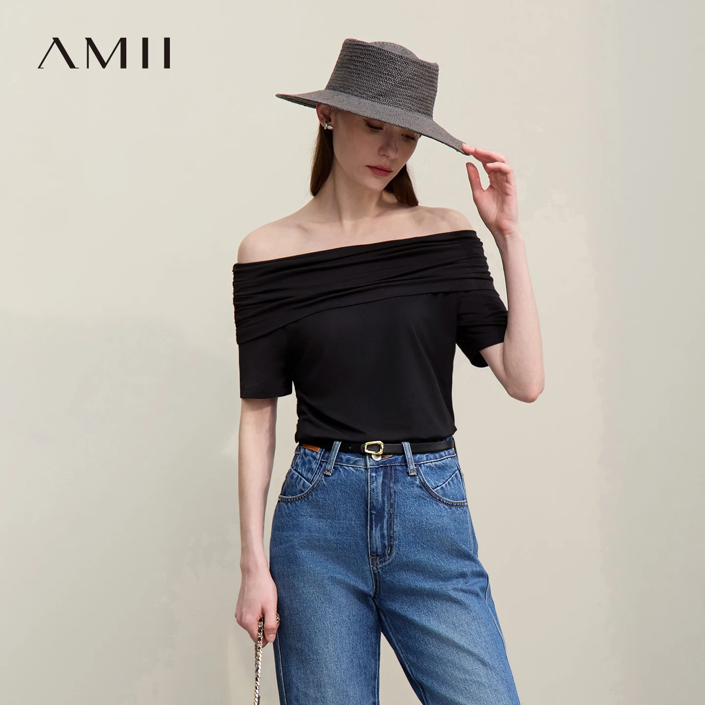 Amii Off-the-shoulder Women's T-Shirt 2026 Summer New Stretch Straight Fit Tee Elegant Casual Short Sleeve Women Top 12622120