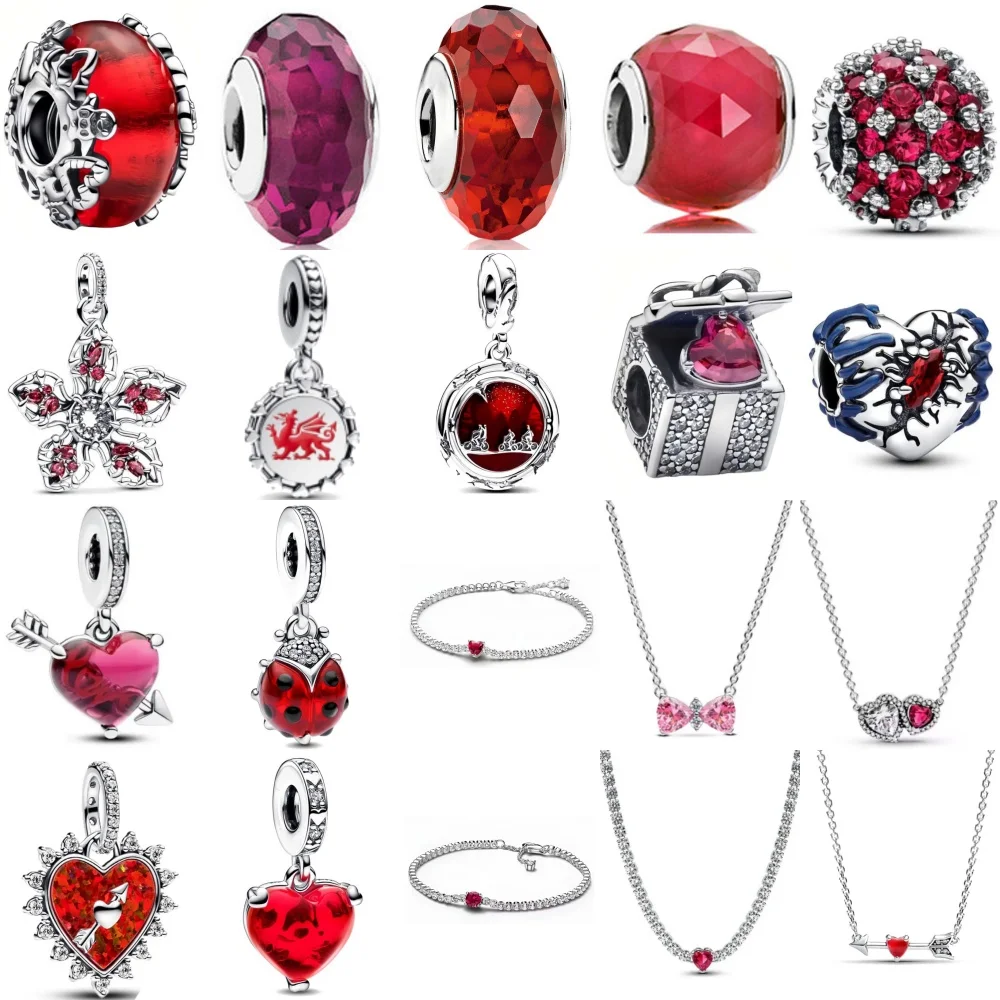 Hot Selling 925 Silver Red Heart-Shaped Bead Pendant Accessory, Bow Necklace Suitable For European Women's Exquisite Jewelry