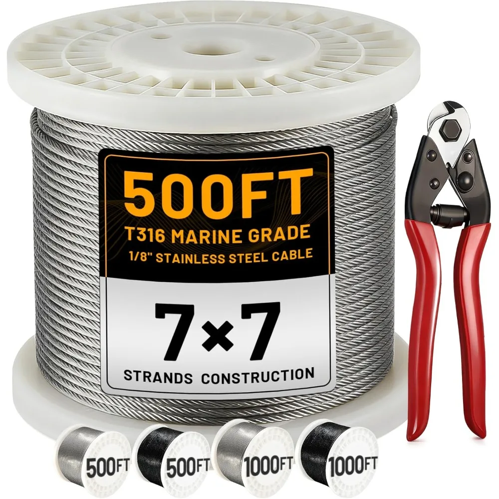 

1/8 дюйма 7x7 комплект кабельных веревок из нержавеющей стали 500 футов с резаком 1850 фунтов прочность на разрыв для палубы лестничного забора в помещении и на открытом воздухе