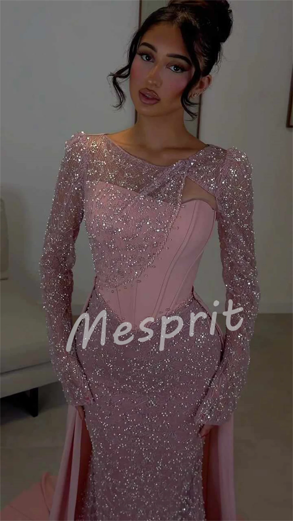 Customized Intricate Jersey Sequined Pattern Pleat Mermaid Jewel Long Celebrity Evening Dresses Sparkle Formal