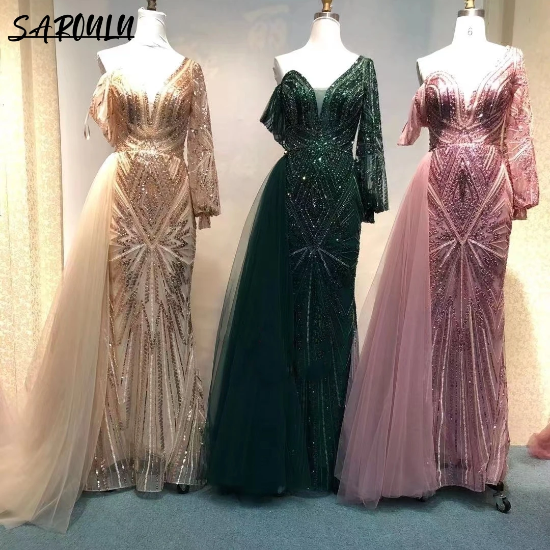 

Real Images Luxury Beaded Mermaid Evening Dress One Shoulder V Neck Royal Sequined Party Prom Gown Exquisite Dresses For Women