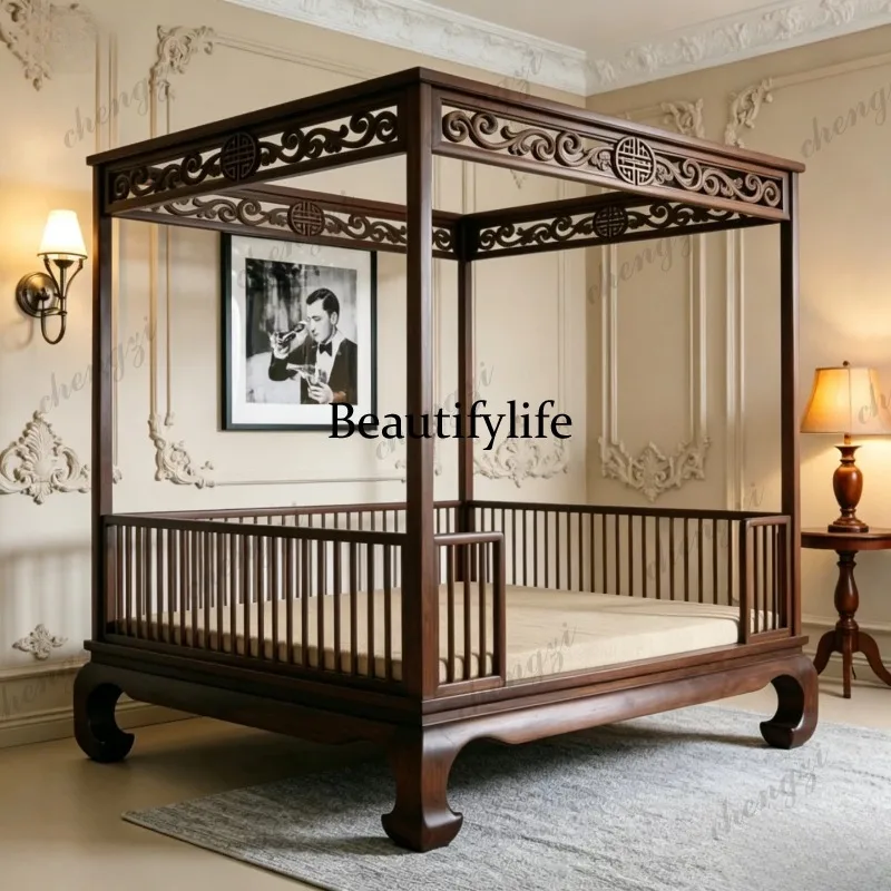 A74 Double solid wood bed, carved four-poster bed, black walnut wood frame bed view 3