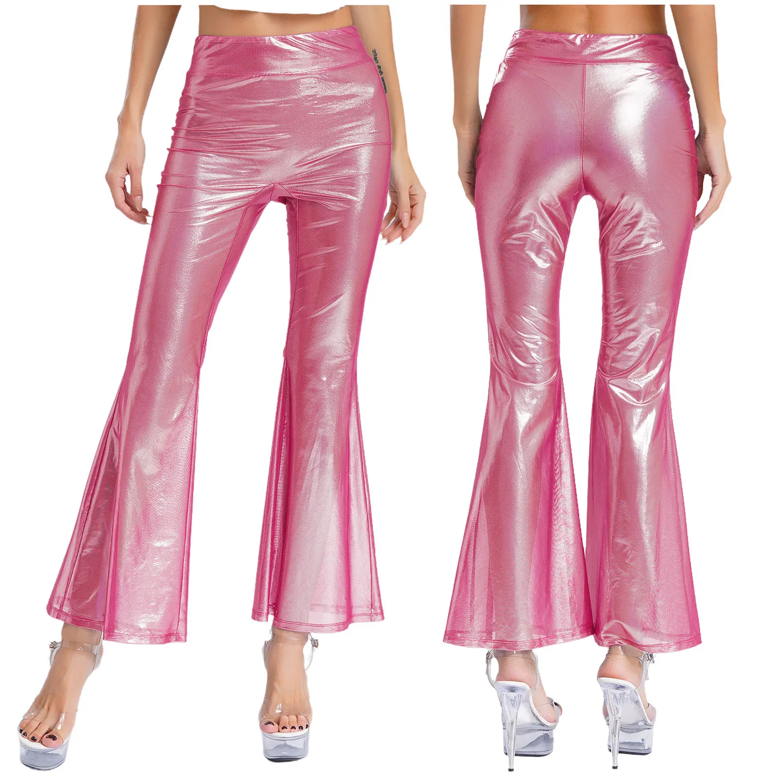 

Women Fashion Organza Disco Party Dance Pants High Waist Metallic Flare Pants Rave Bar Nightclub High Look Wear Trousers