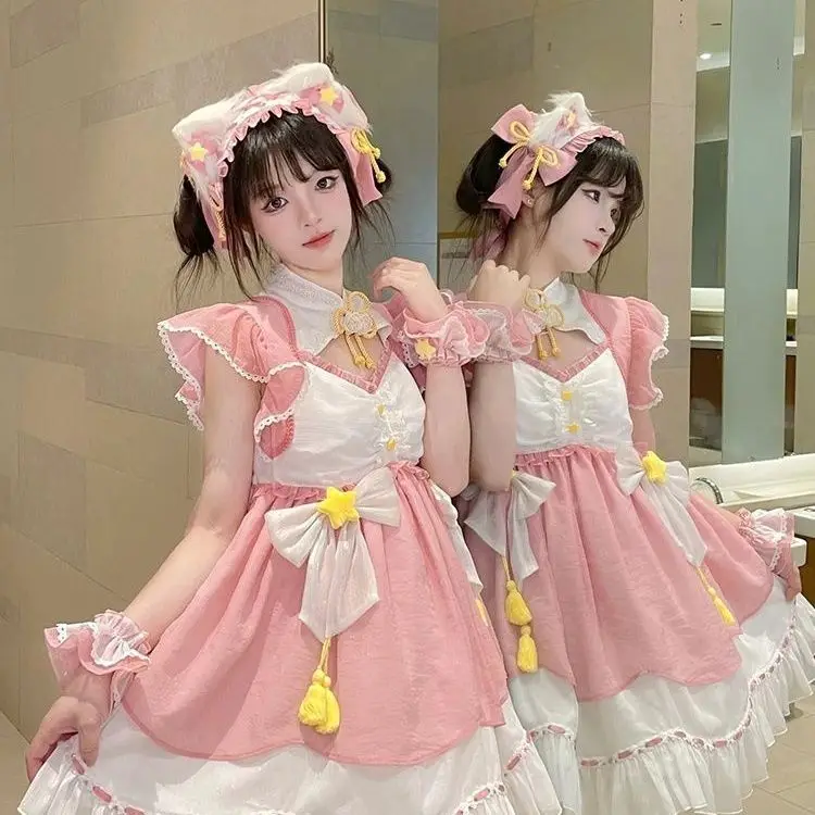 Japan Lolita Girly Sweet Cute Pink Flying Sleeves Princess Dress Summer Fashion Bow Ruffles Cosplay Kawaii Women