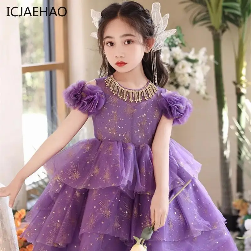 ICJAEHAO 2024 Purple Tailing Girl  Elegant Princes Dresses Luxury High Grade Clothing Tulle Layered Cake for Children Outfit