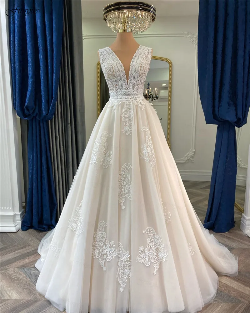 Funyue-Robe de mariée en dentelle sur mesure pour femme, ligne A, appliques en tulle, col en V, sexy, bohème, patients, France, 2023