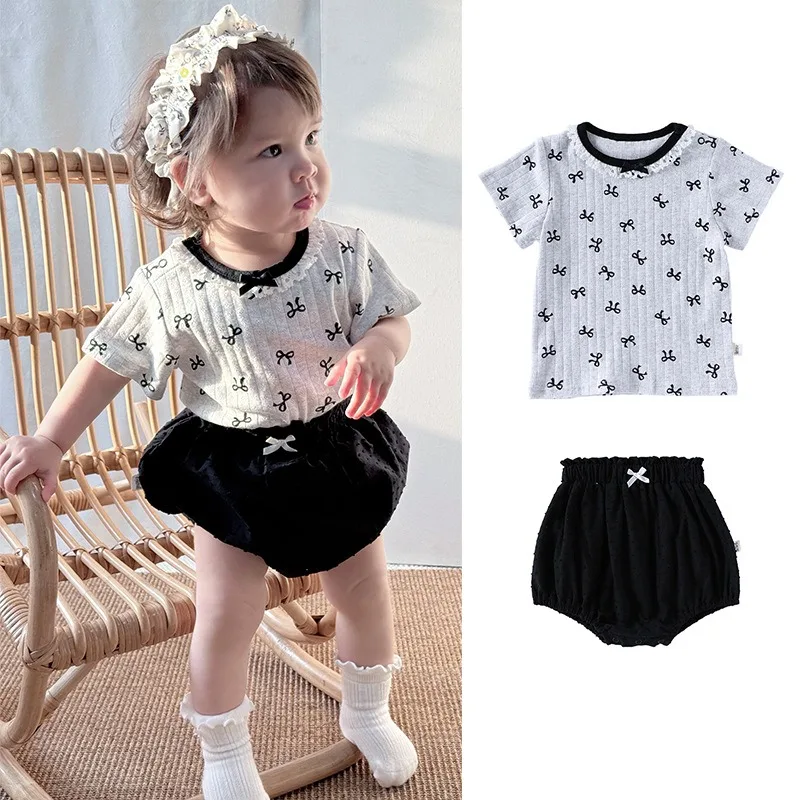 

Summer Baby Girl Clothes Sets Bow Printing Short Sleeve Bloomer Pants 2 Piece Infant Clothes Cute Outfit Top and PP Pants Suits
