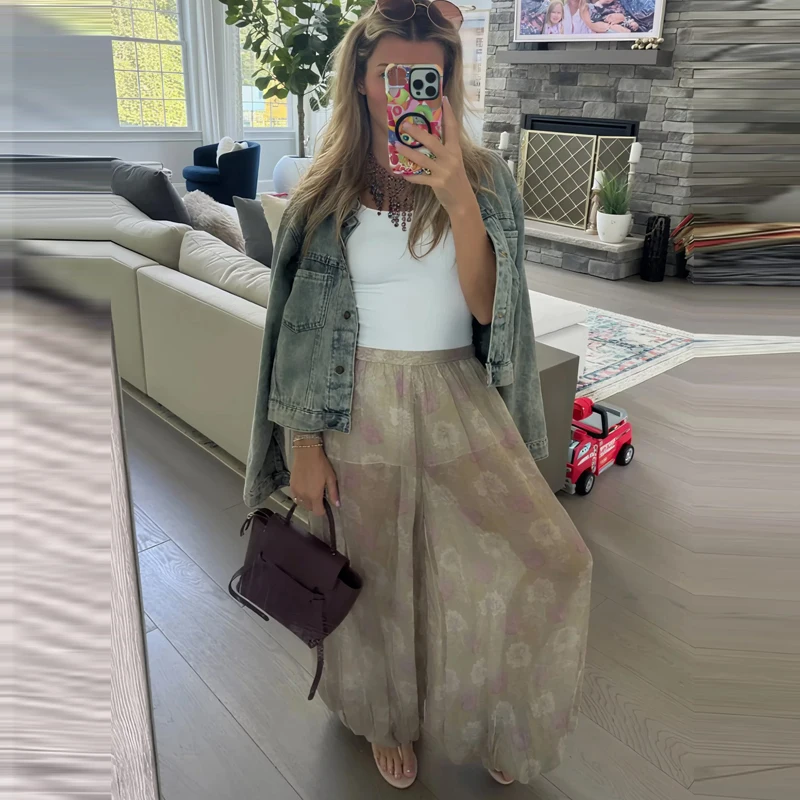 HXAO Damskie Spodnie Letnie z Nadrukiem Kwiatowym, Luźne Spodnie Damskie w Stylu Boho z Plisami, Płynne Spodnie Damskie Casual, Półprzezroczyste Spodnie Balonowe