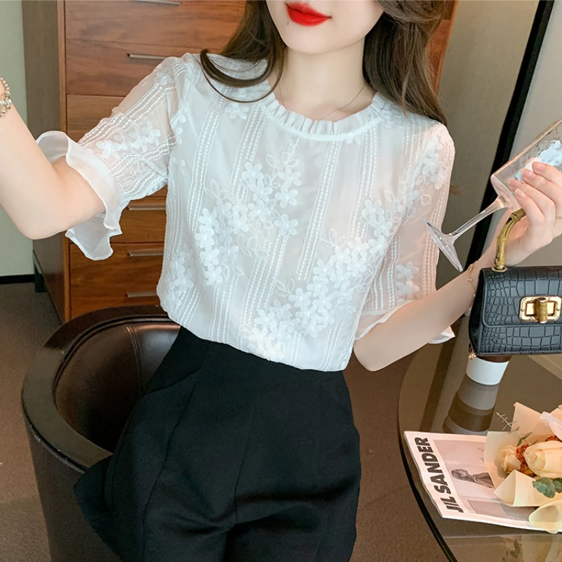 Flare Sleeve Blouse White Shirt Women Summer Sweet and Elegant Blouses Lace Chiffon Ladies Tops Clothing O-neck Shirts for Women