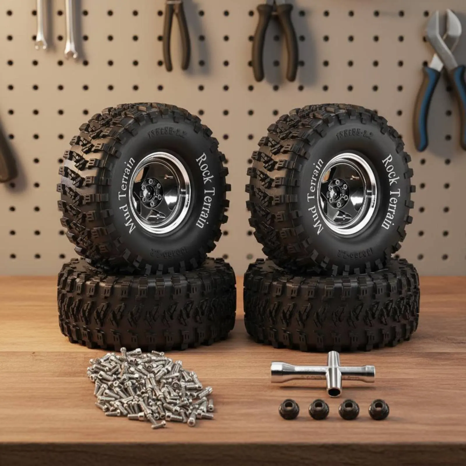 4 Pieces 2.2 Inch Beadlock Wheel Rim Deep Tread Pattern Aluminum Beadlock Wheel Metal Rim Tire Wear Resistant for Rock Crawling
