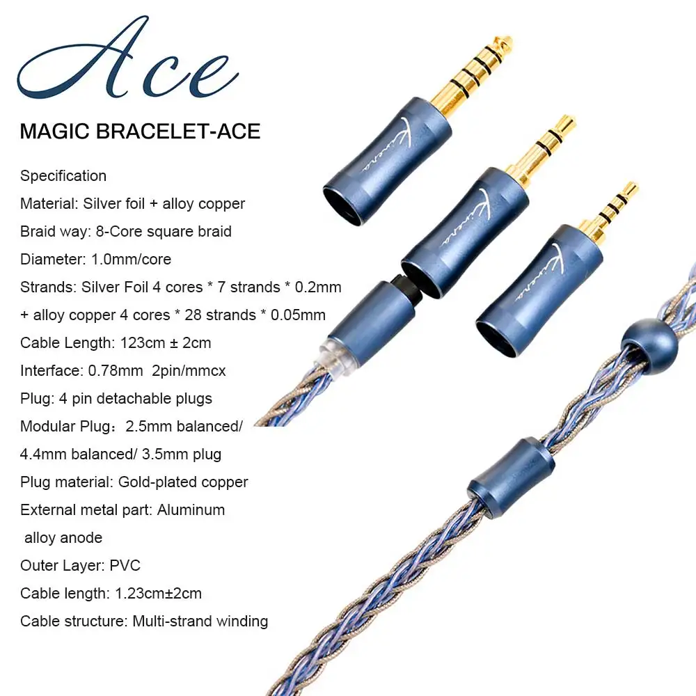 Kinera ACE 2.0 Modułowy kabel słuchawkowy do aktualizacji Folia srebrna Stop miedziany Przewodowy 2,5 mm 3,5 mm 4,4 mm Wtyczka Odłączana 0,78 mm MMCX