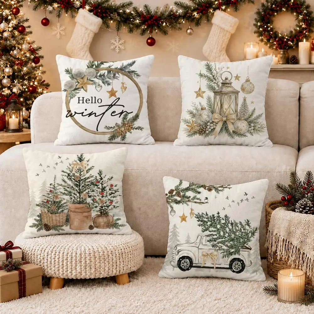 Christmas Hello Winter Cushion Cover Soft Short Plush Double-Sided Printing Home Decor Festival Party Pillow Case Gift