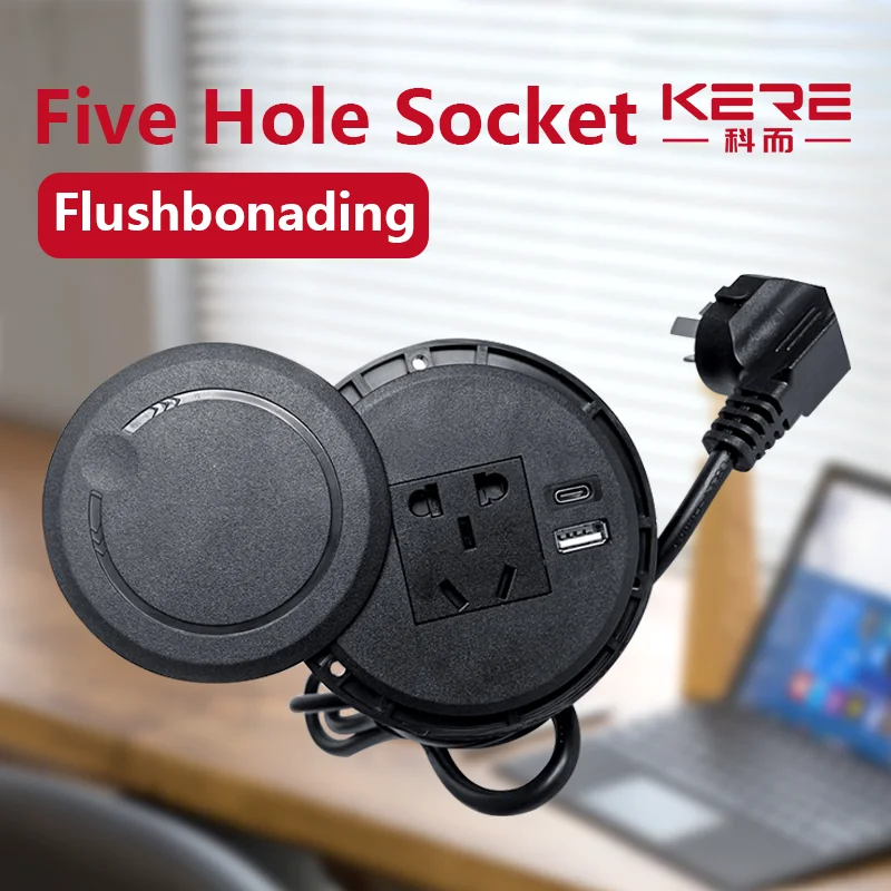 Desktop socket multi-function with 5-pin USB Type-C socket with recessed desktop plug round socket