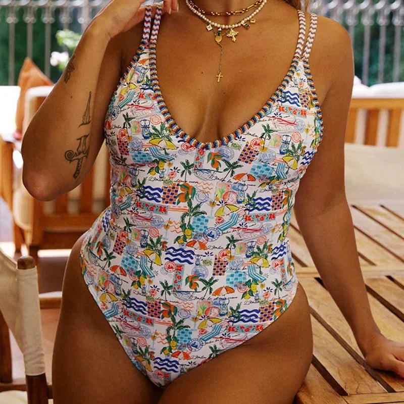 

Лето 2025 г., новый женский цельный купальник с принтом на плечах, сексуальный однотонный бикини с v-образным вырезом и бретелькой на шее