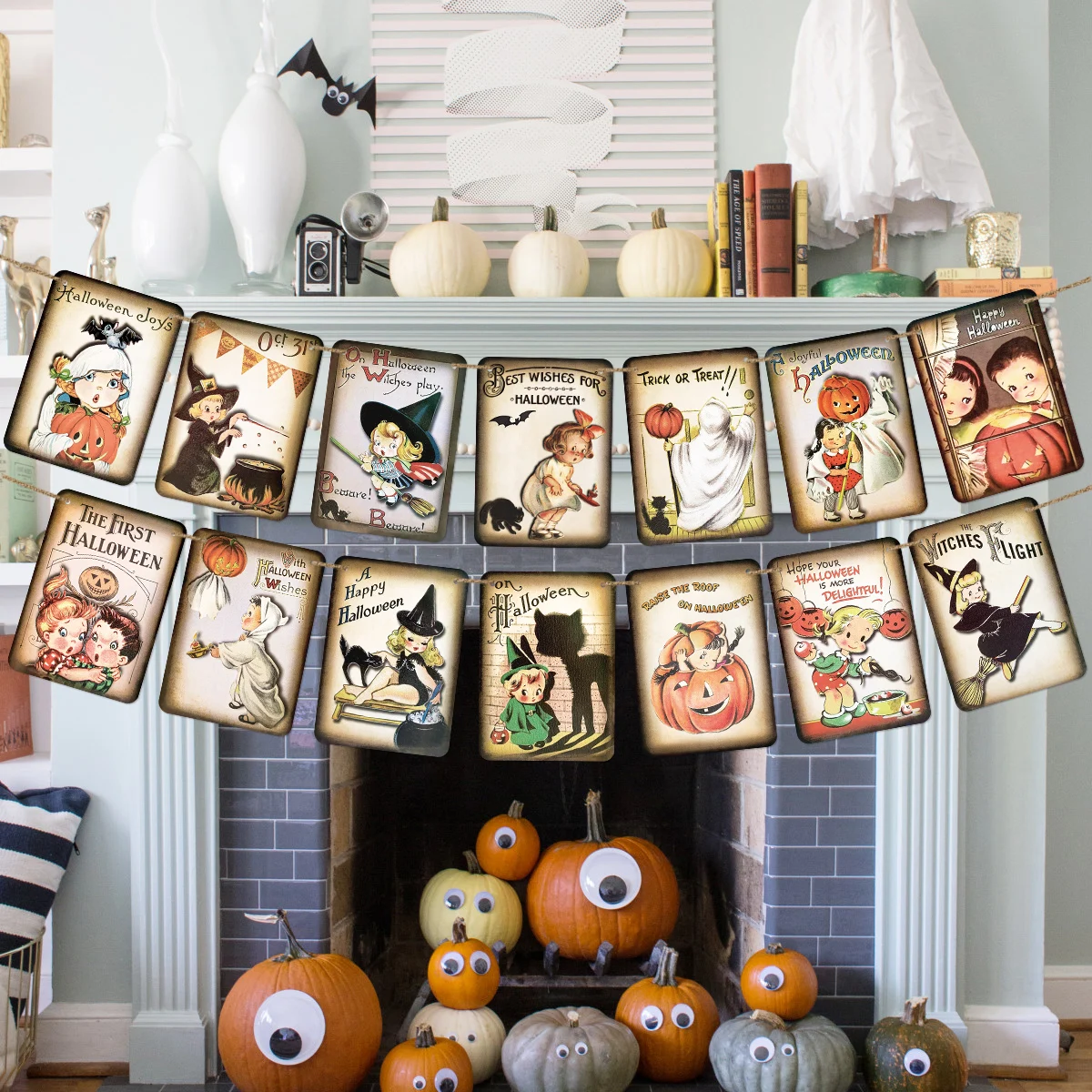 14pcs Halloween Hanging Card Pumpkin,Cat Partern Halloween Wall Hanging Banner for Party Home Room Decor Vintage Banner Decor