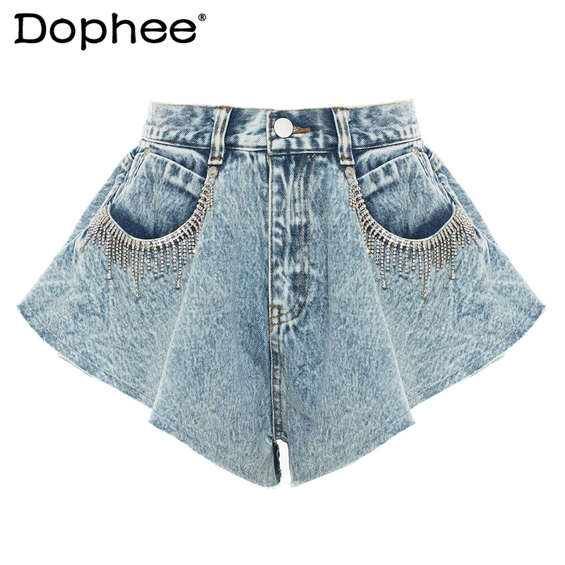 

Sweet Lotus Leaf Hem Large Wide-Leg Denim Shorts Women 2024 Summer New European Station Sexy Girl Rhinestone Tassel Hot Pants