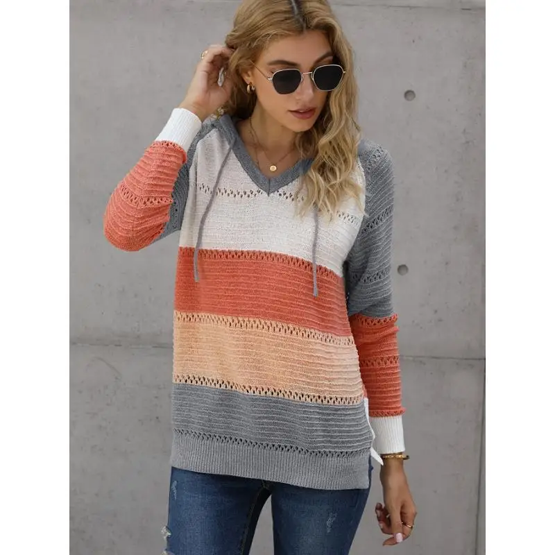 Color Block Casual Long Drawstring Hooded Pullover Sweater Women's Fashion Spring 2026 Other Style Other Material 100%