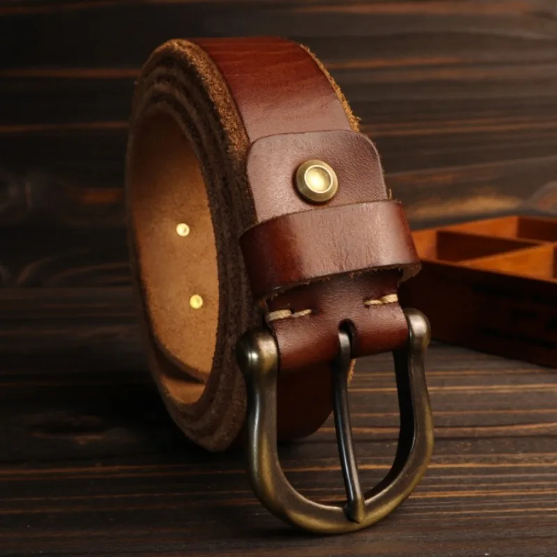 Thickened 5.5mm  saddle belt for men's retro pure handmade old copper buckle belt jeans waist belt