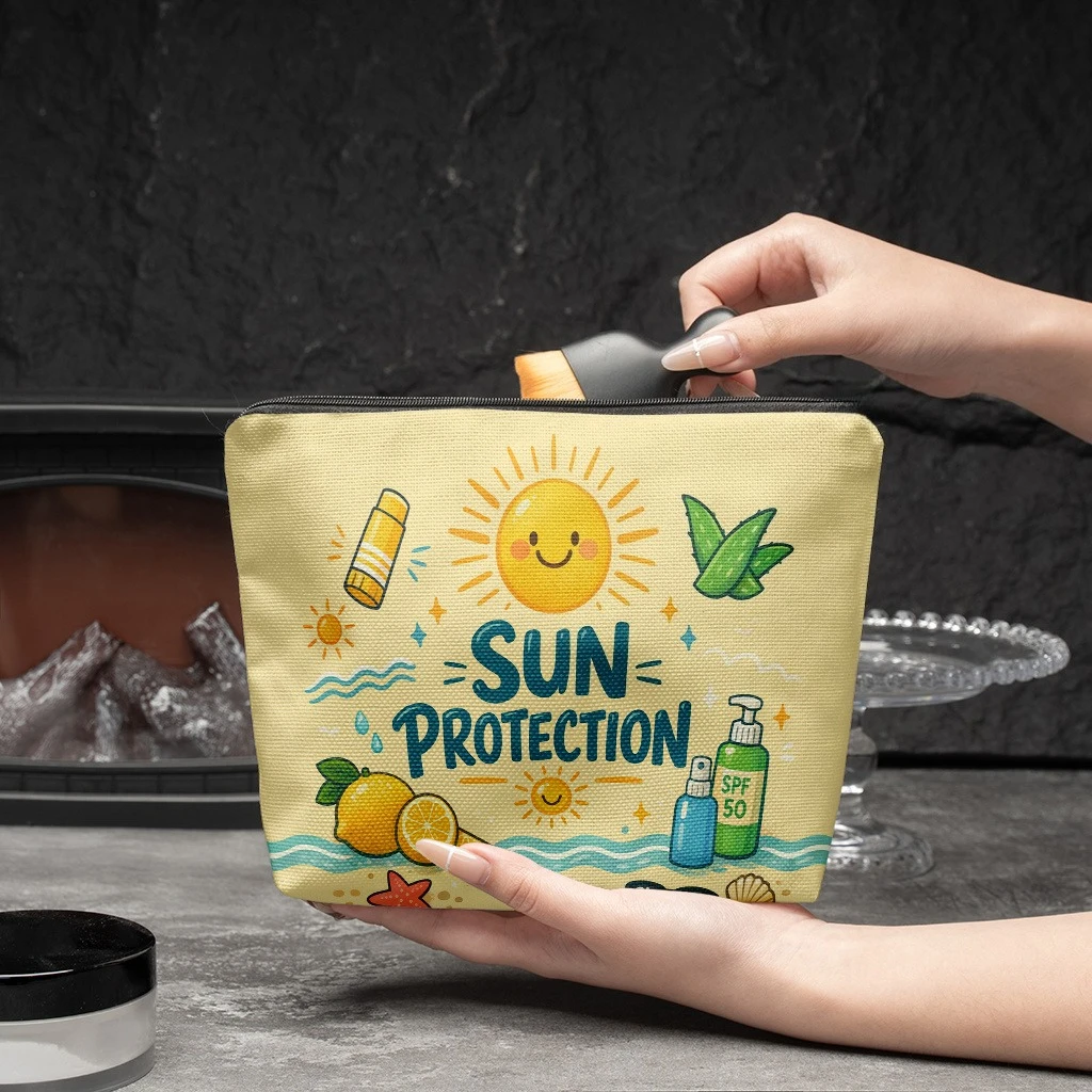 1pc Sunscreen And Sunny Happiness Makeup Bag | Foldable & Portable Toiletry Bag With Zipper Closure, Ideal For Travel Storage