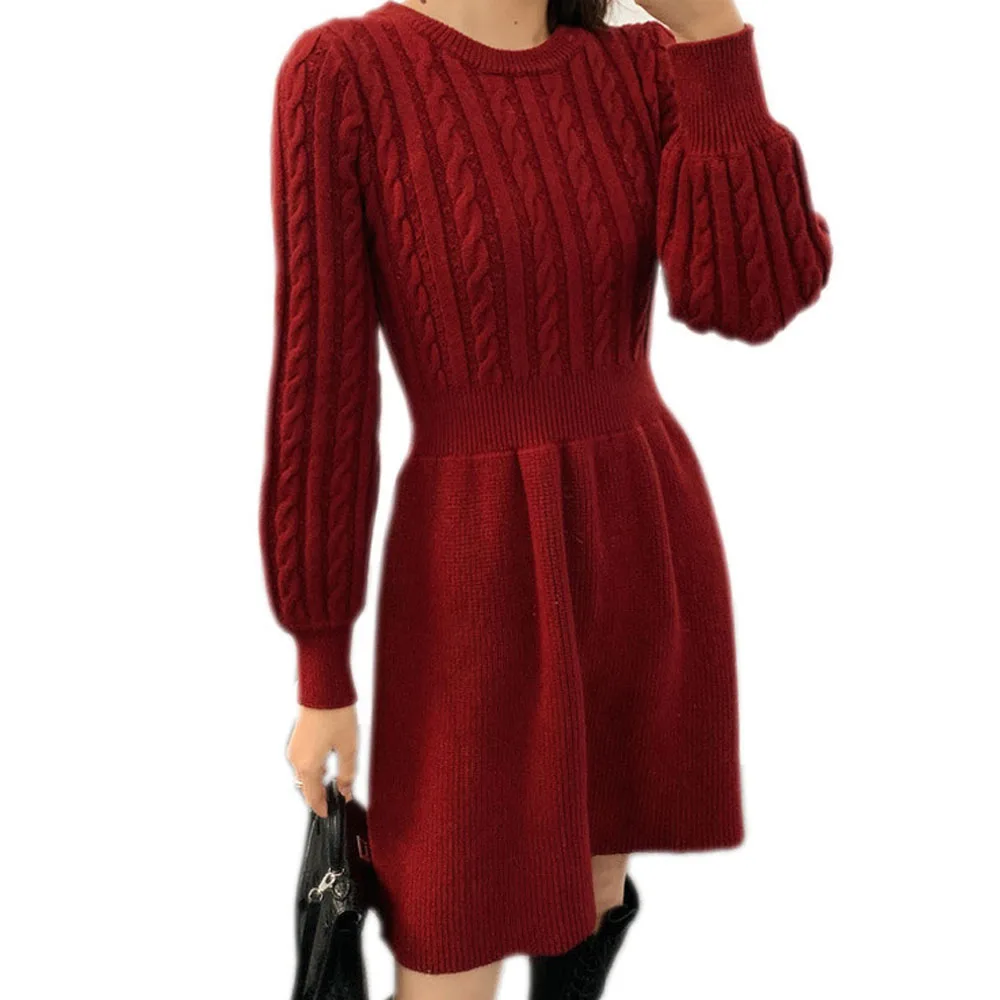 Twist Tunic Sweater Pleated Dress Casual Women Long Lantern Sleeve Knitted Christmas Party Dresses LMFS-LM-20059