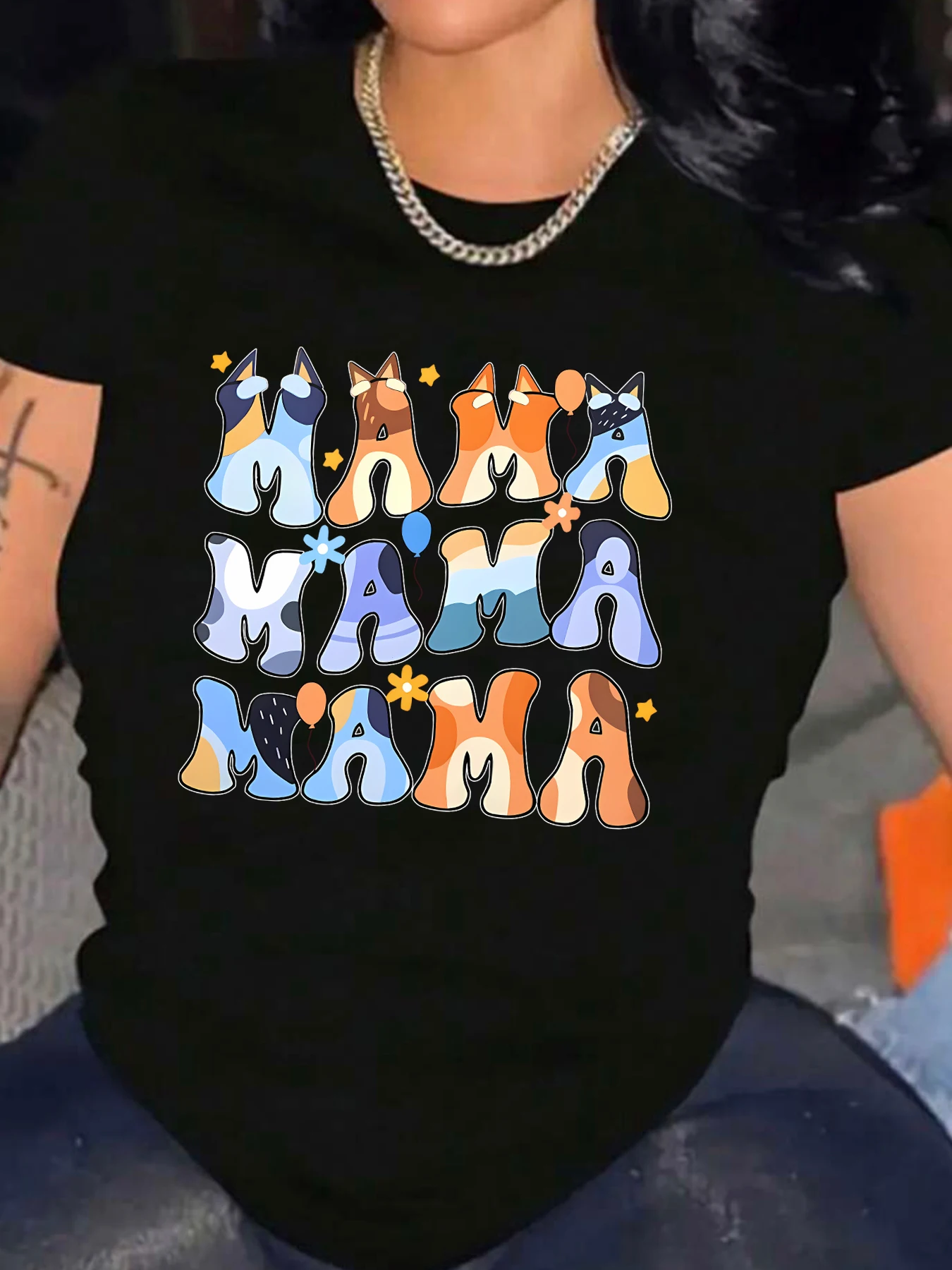 

MAMA cat pattern round neck plus size women T-shirt short sleeve trend printing elastic half sleeve T-shirt