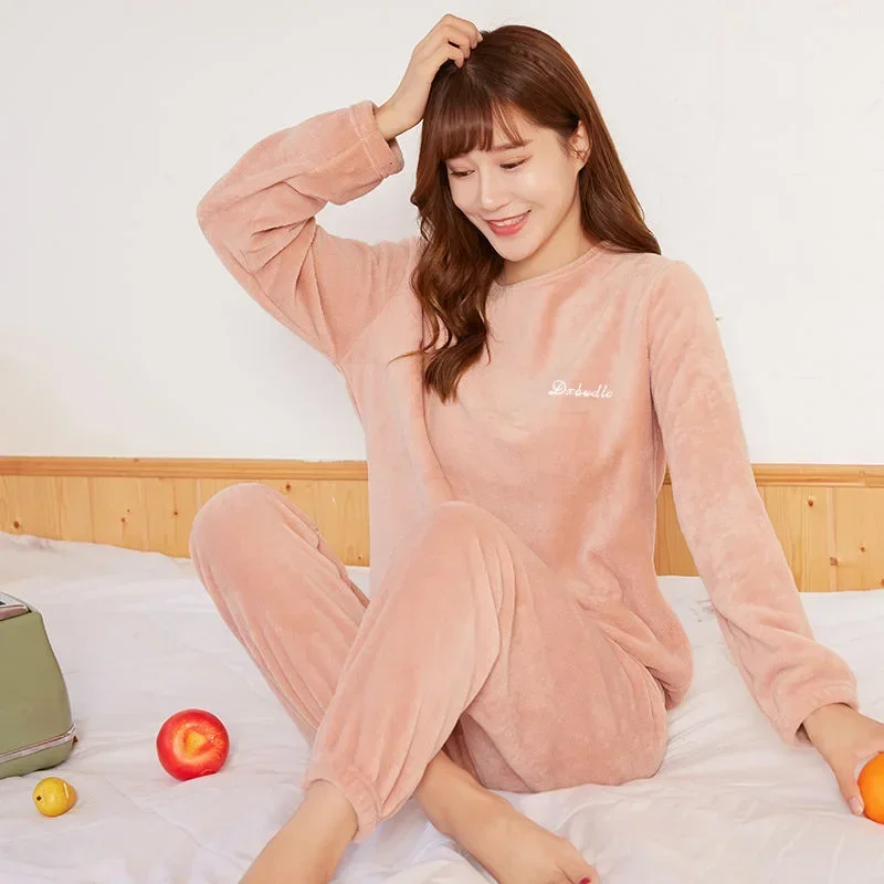 Autumn Women Solid Warm 2 Piece Sets Thicken Velvet Ribbed Fleece Set Pullover And Pants Women Casual Pajama Sets 2023