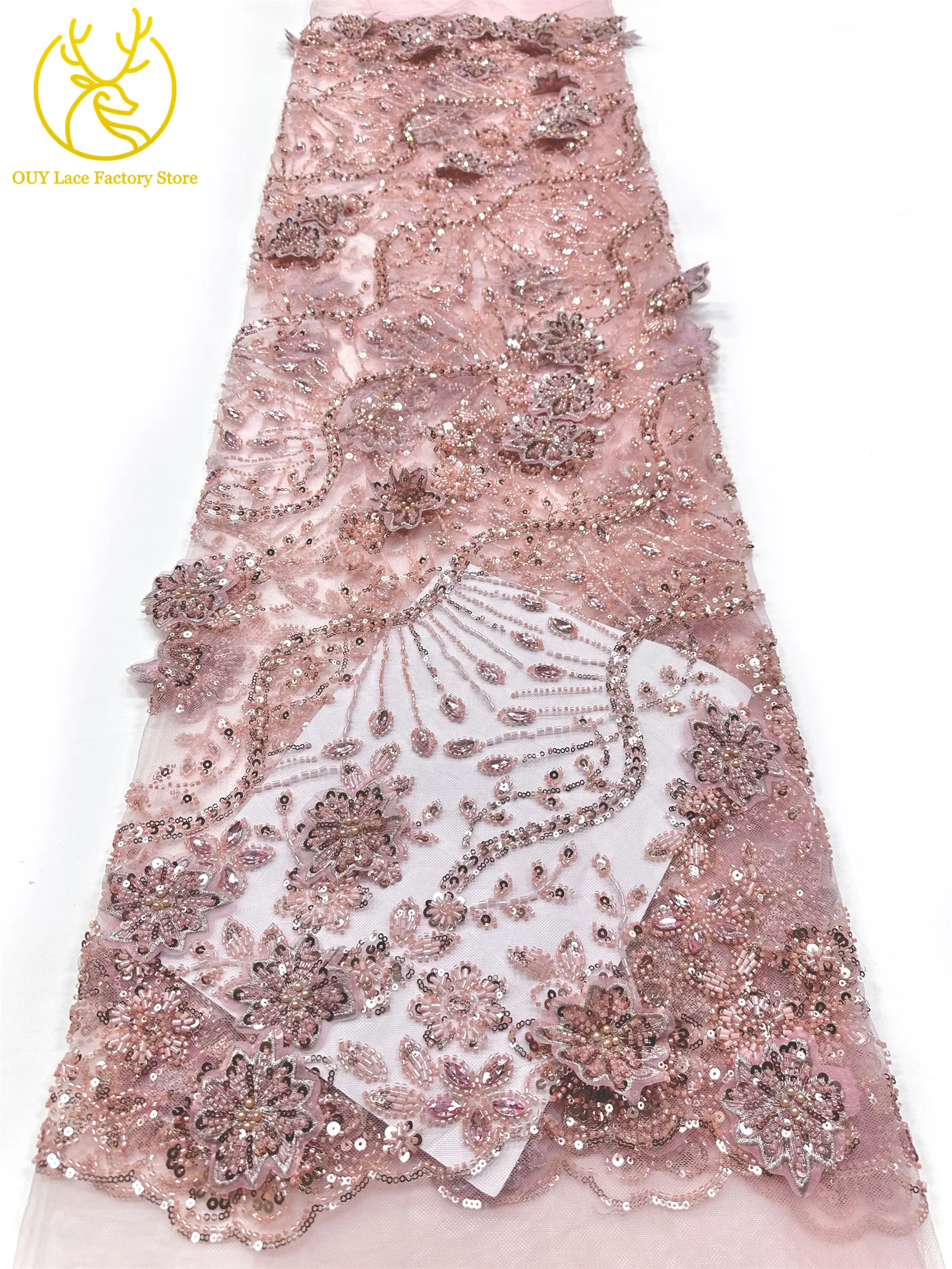 Luxuriöser königsblauer Hochzeits-Spitzenstoff, afrikanischer Perlen-Pailletten-Spitzenstoff, nigerianischer bestickter Mesh-Spitzenstoff für Hochzeitskleider – Detail 19